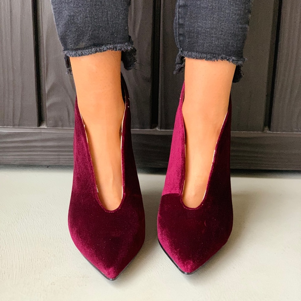 Velvet Wine V Split Front Pointy Toe Stiletto Boot - Picture 5 of 8